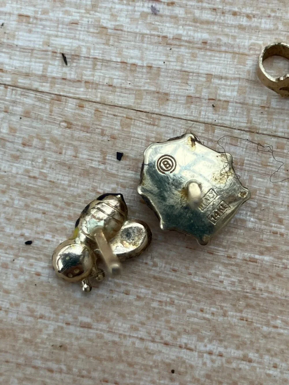 Vintage 14K Gold Italian Ladybug & Enamel Bee Mismatched Studs - Signed